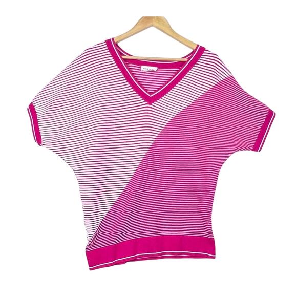 Ribbed Knit Asymmetrical Shoulder V Neck Colorblock 80s Inspired Pink Sweater L - Picture 1 of 10